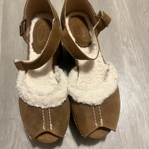 Joyfolie Tan Suede Platform Shoes with Cream Accents